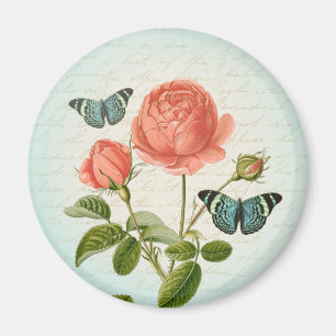 Vintage rose & butterfly floral girly magnet