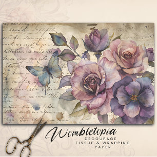 Vintage Rose & Butterfly on Old Script Decoupage Tissue Paper