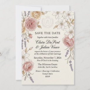 Vintage Rose, Clematis, Lavender, and Crest Waterc Invitation
