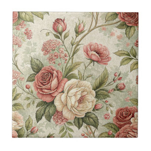 Vintage Rose & Cream Floral Botanical Pattern Art Tile