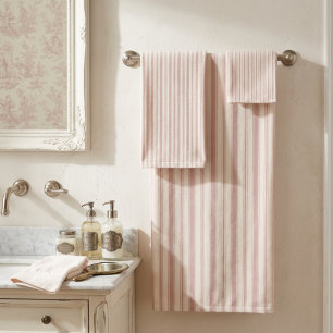 Vintage Rose & Cream Striped French Country Bath Towel Set