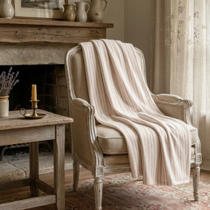 Vintage Rose & Cream Striped French Country Fleece Blanket