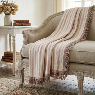 Vintage Rose & Cream Striped French Country Throw Blanket