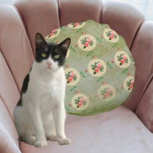 Vintage Rose Doily Green Damask Round Cushion