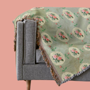 Vintage Rose Doily Green Damask Throw Blanket