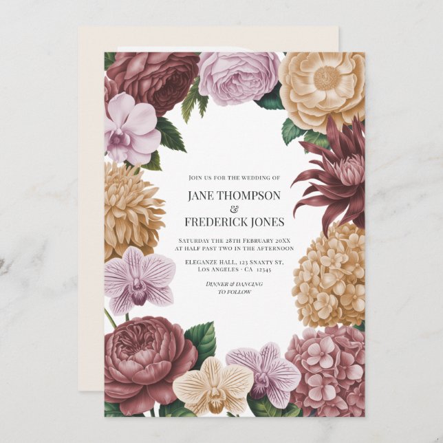 Vintage Rose, Dusty Peony & Soft Tan Wedding Invitation (Front/Back)