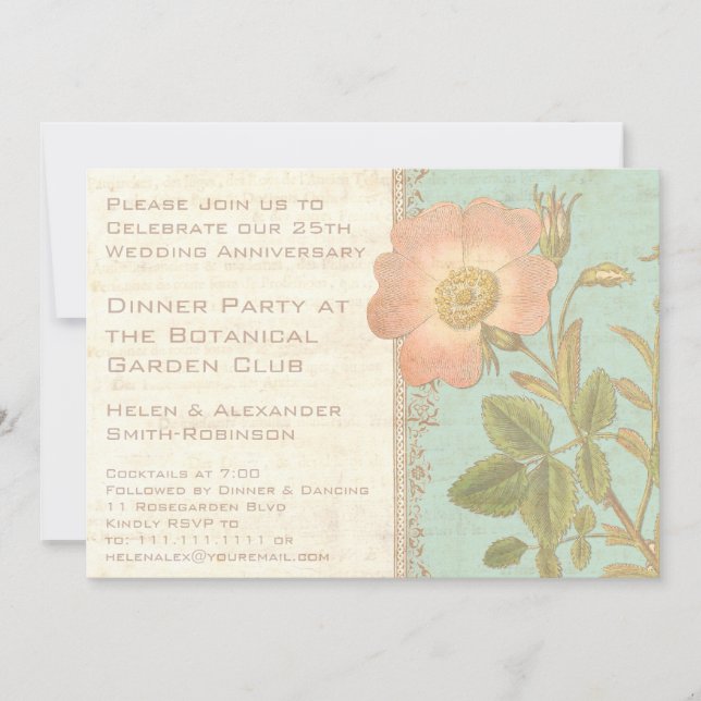 Vintage Rose Elegant 25th Anniversary Dinner Invitation (Front)