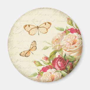 Vintage rose floral butterfly magnet