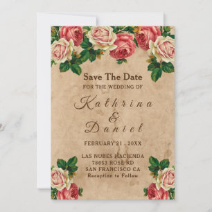 Vintage rose floral old paper Save the Date Invitation