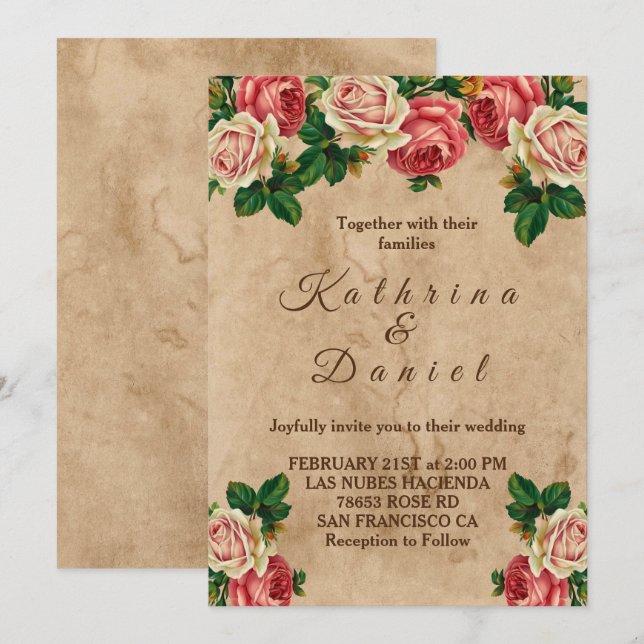 Vintage rose floral old paper wedding invitation (Front/Back)