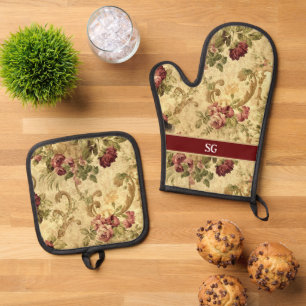 Vintage Rose Floral Oven Mitt & Pot Holder Set
