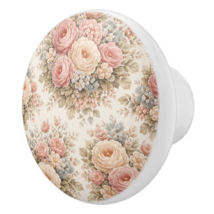 Vintage Rose Floral Pattern Elegant Pastel Ceramic Knob