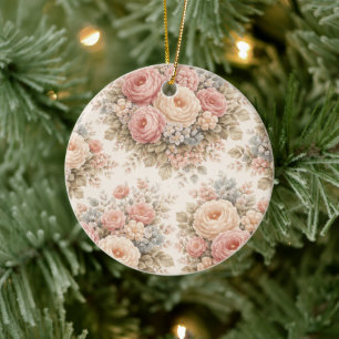 Vintage Rose Floral Pattern Elegant Pastel Ceramic Tree Decoration