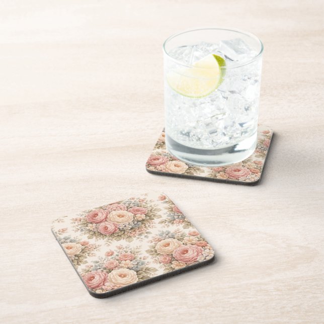 Vintage Rose Floral Pattern | Elegant Pastel  Coaster (Right Side)