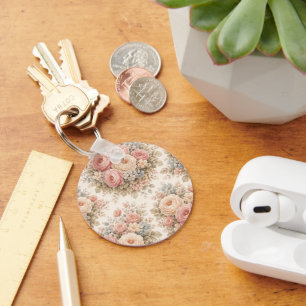 Vintage Rose Floral Pattern Elegant Pastel Key Ring