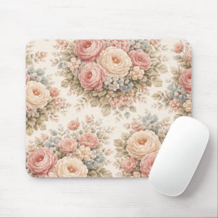 Vintage Rose Floral Pattern Elegant Pastel Mouse Mat