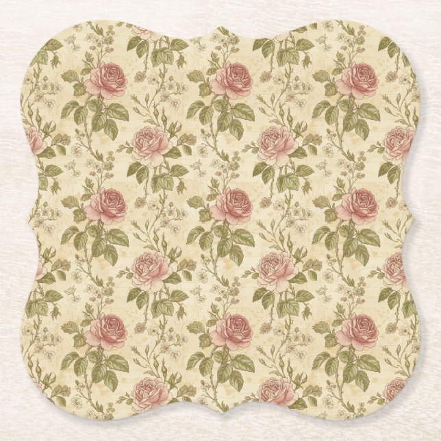 Vintage Rose Floral Pattern Paper Coaster (Front)