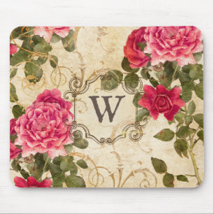 Vintage Rose Floral Red Pink Damask Monogram Name Mouse Mat