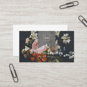 Vintage Rose Floral Ribbon Black Business Card