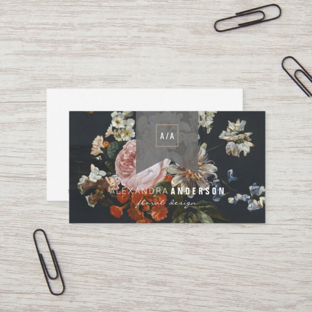 Vintage Rose Floral Ribbon Black Business Card (Front/Back In Situ)