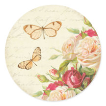 Vintage Rose floral summer sticker w/ butterflies