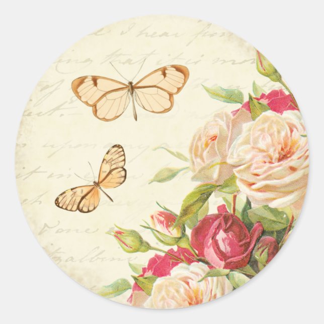 Vintage Rose floral summer sticker w/ butterflies (Front)