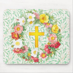 Vintage Rose Floral Wreath Cross Mouse Pad