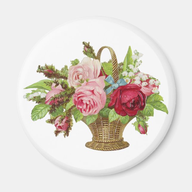 Vintage Rose Flower Basket Magnet (Front)