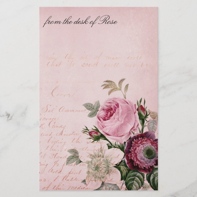 Vintage Rose Flower Letter Stationery Paper (Front)