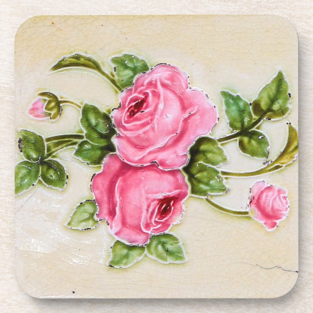 Vintage Rose Flower Tile Coaster (Front)