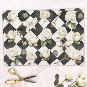 Vintage Rose Flowers Black White Diamond Pattern Wrapping Paper Sheet
