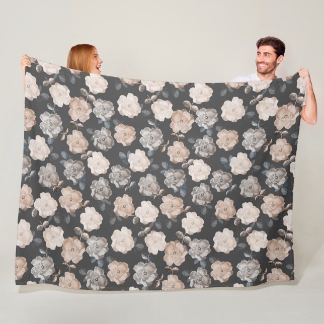 Vintage Rose Flowers Grey Grey Pattern Fleece Blanket (In Situ)