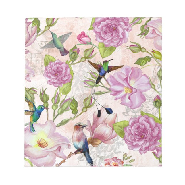 Vintage Rose Flowers & Hummingbirds pattern Notepad (Front)