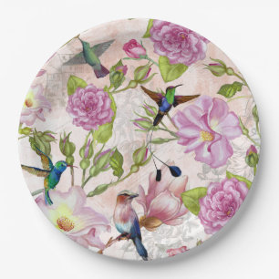 Vintage Rose Flowers & Hummingbirds pattern Paper Plate