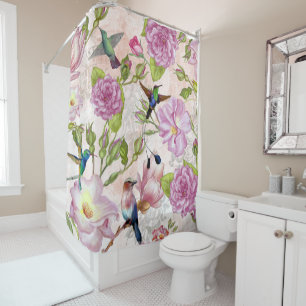 Vintage Rose Flowers & Hummingbirds pattern Shower Curtain