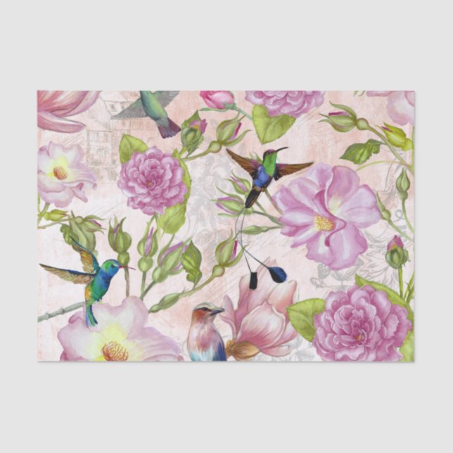 Vintage Rose Flowers & Hummingbirds pattern Tissue Paper (Front)