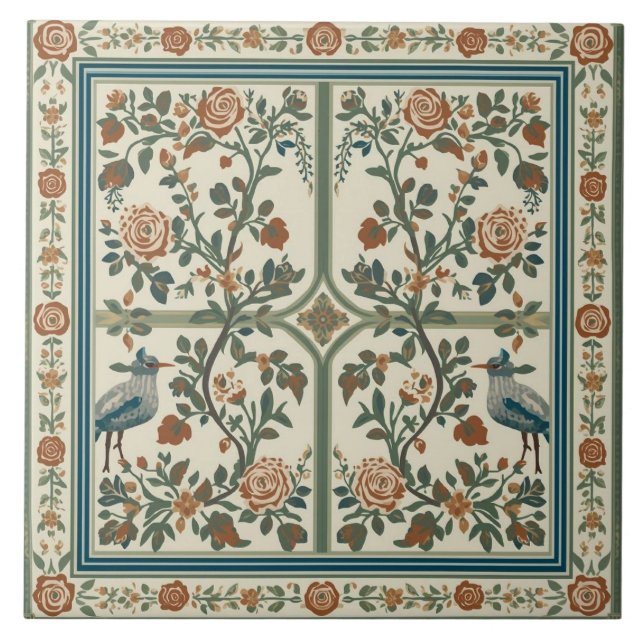 Vintage Rose Garden Bird Border Pattern Tile (Front)