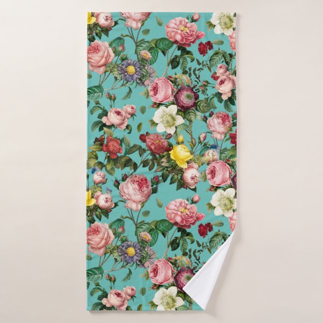 Vintage rose garden in teal background bath towel (Bath Towel)