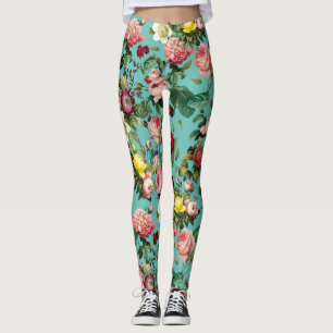 Vintage rose garden in teal background leggings