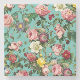 Vintage rose garden in teal background stone coaster