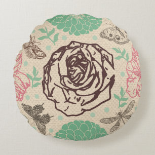 Vintage Rose Garden Pattern Round Cushion