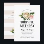 Vintage Rose Garden Surprise Birthday Party Invitation<br><div class="desc">Send your guests an invite they won't forget! This invitation features lovely watercolored flowers and elegant typographic layout with a vintage modern vibe. The reverse features room for additional text, a soft blush pink and white stripes pattern and the same floral that is on the front. All text and colours...</div>