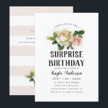 Vintage Rose Garden Surprise Birthday Party Invitation<br><div class="desc">Send your guests an invite they won't forget! This invitation features lovely watercolored flowers and elegant typographic layout with a vintage modern vibe. The reverse features room for additional text, a soft blush pink and white stripes pattern and the same floral that is on the front. All text and colours...</div>