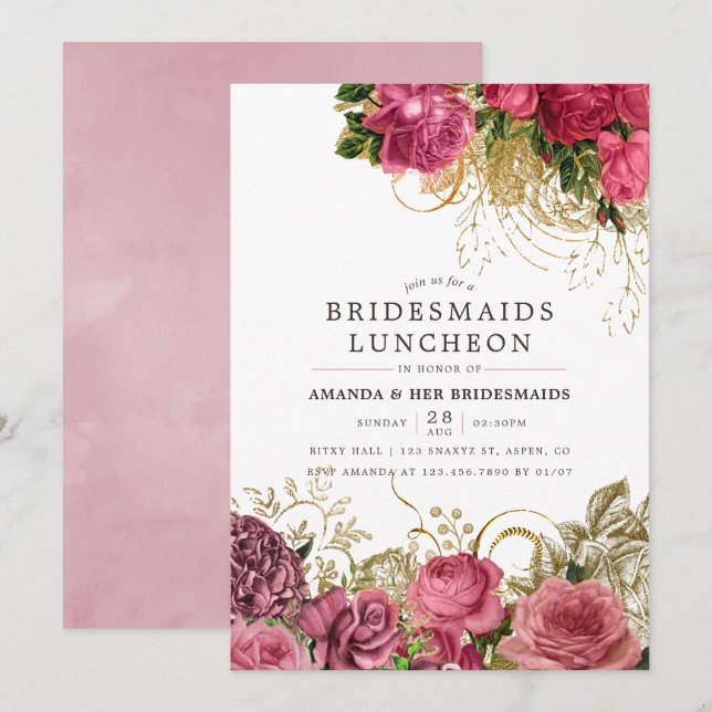 Vintage Rose Gold and Blush Bridesmaids Luncheon Invitation (Front/Back)