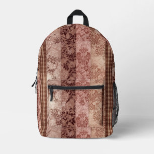 Vintage Rose Gold and Brown Damask Patchwork Strip Printed Backpack