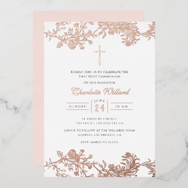 Vintage Rose Gold Cross Girls First Communion (Front/Back)
