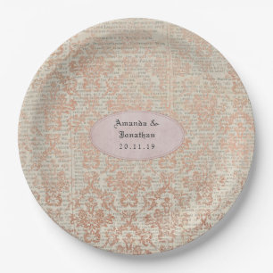 Vintage Rose Gold Damask Shabby-Chic Wedding Paper Plate