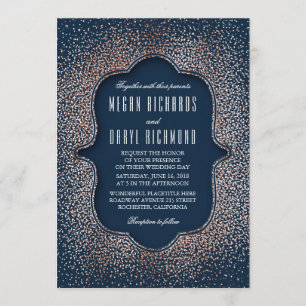 Vintage Rose Gold Glitter Confetti Navy Wedding Invitation