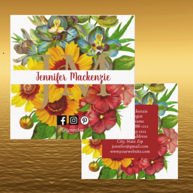 Vintage Rose Gold Initials Sunflowers Square Business Card (Creator Uploaded)