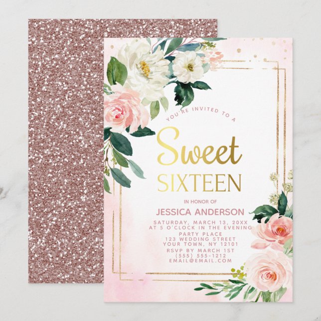 Vintage Rose Gold Pink Glitter Sweet Sixteen Invitation (Front/Back)